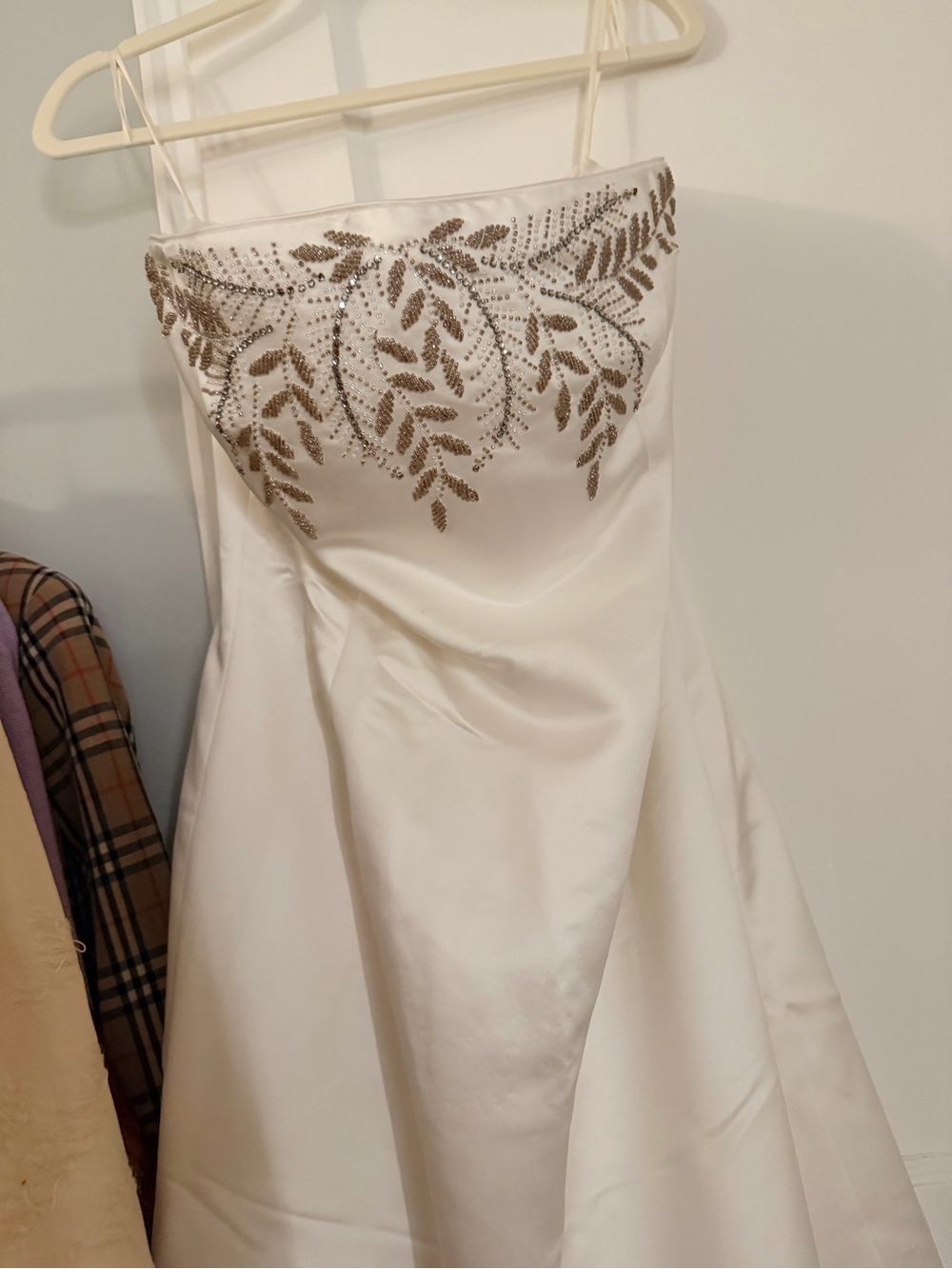 Dana Buchman Ivory Strapless Satin Gown with Gold Bead Embroidery